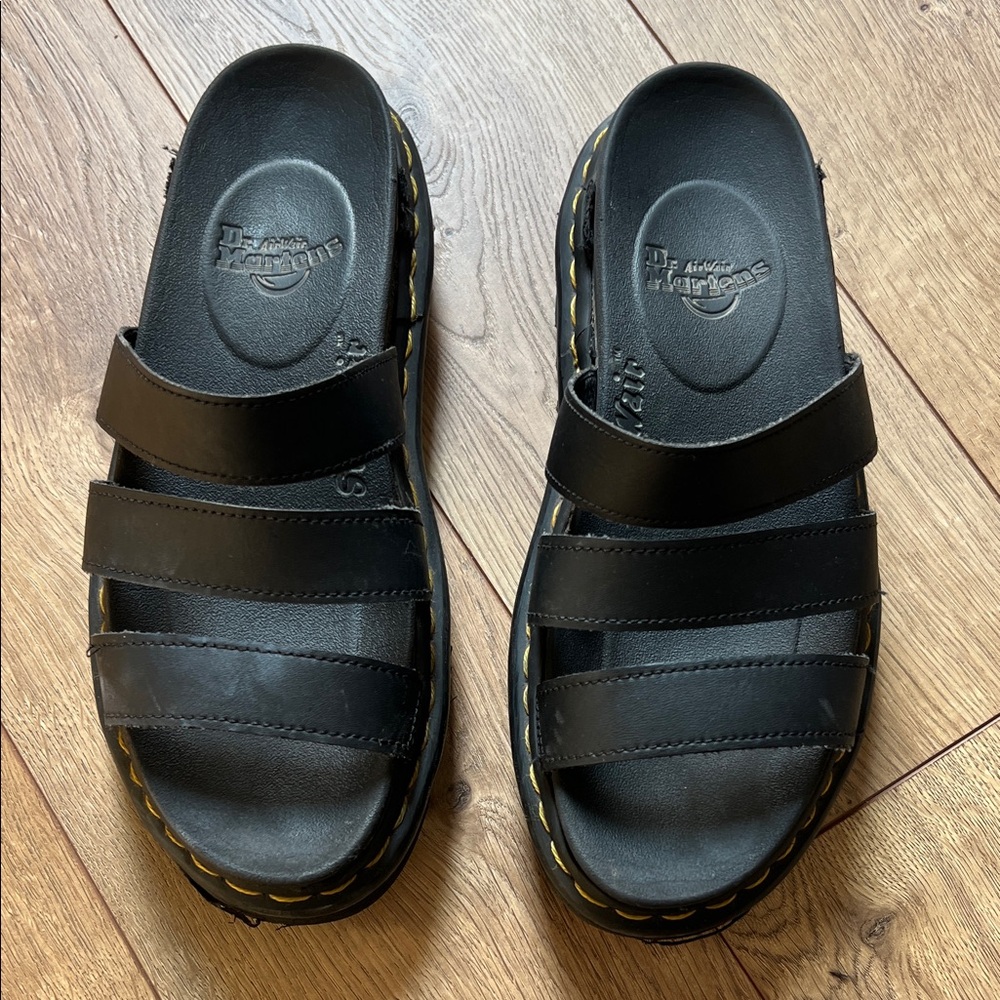 Dr. Martens Black Leather Triple-Strap Slide Sandals with Yellow Stitching